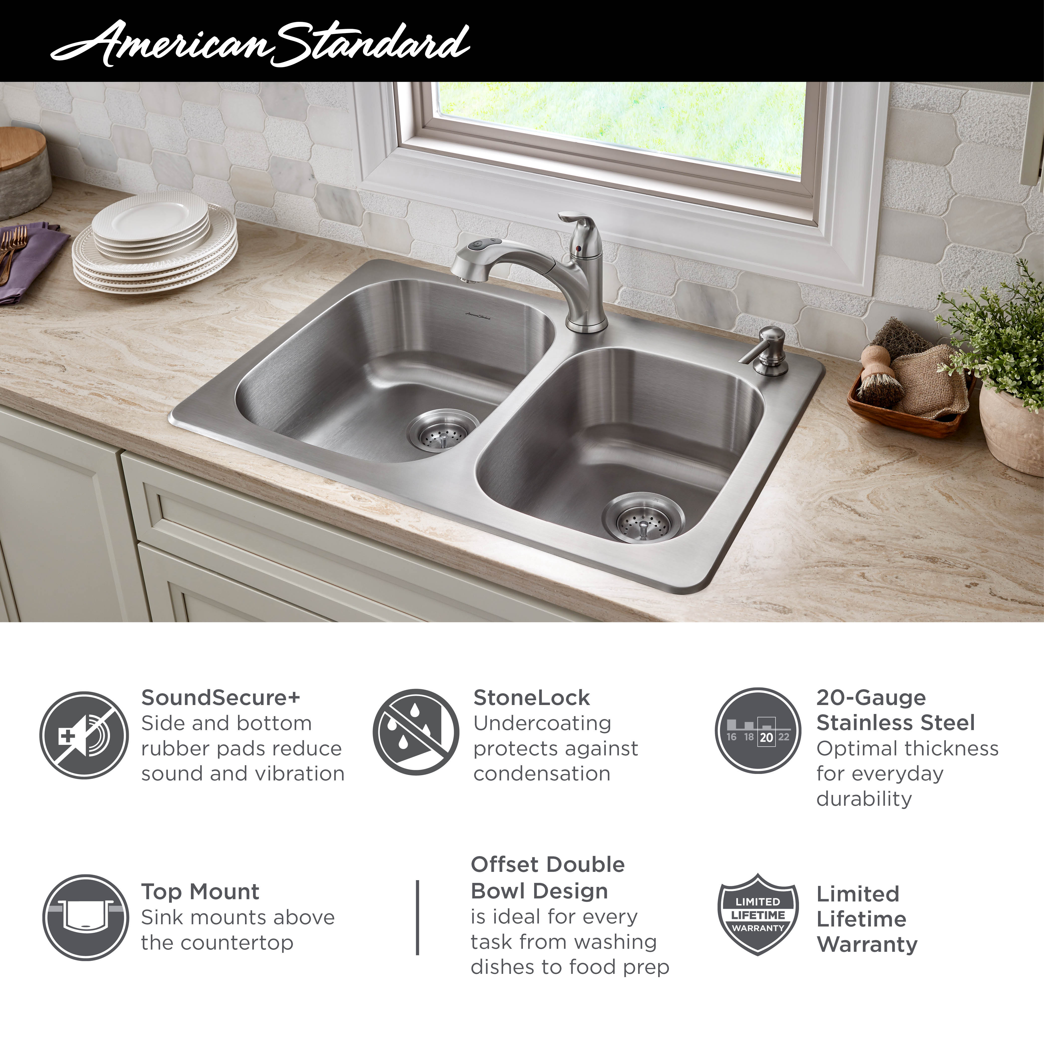 Sullivan® Offset Stainless Steel 2Hole Topmount DoubleBowl Kitchen Sink